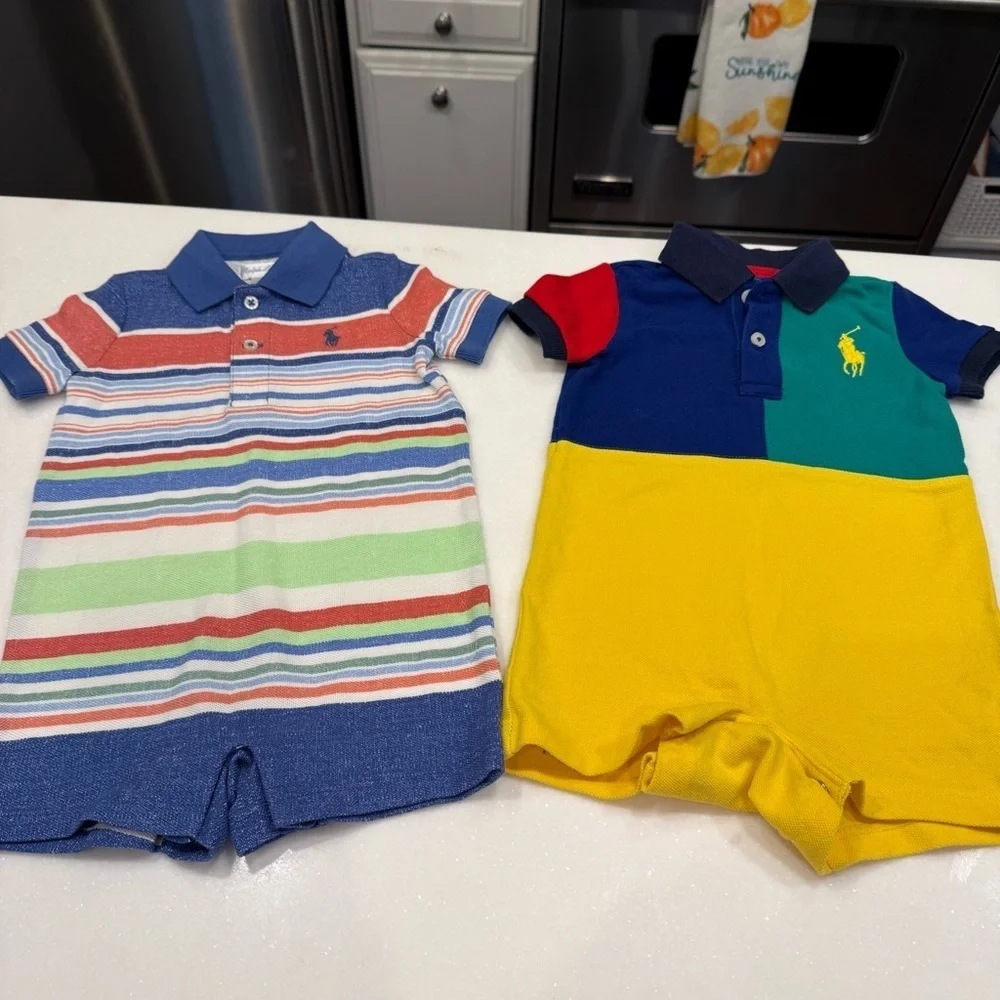 Ralph Lauren Baby Boy SET OF 2 Polo One Pieces Rompers Sz 6 Mo
